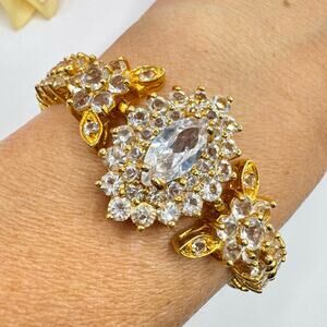 Vintage Opulent Open Back Crystals Floral Bracelet Gold Tone Maximalist Regency